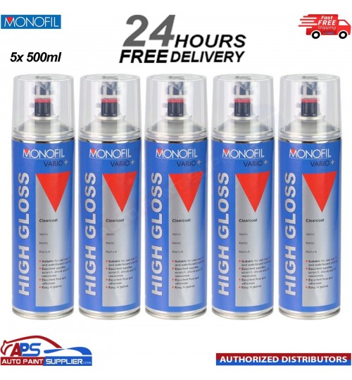 5x MONOFIL VARIO+ HIGH GLOSS CLEARCOAT FINISH LACQUER SPRAY CLEAR Aerosol 500ml